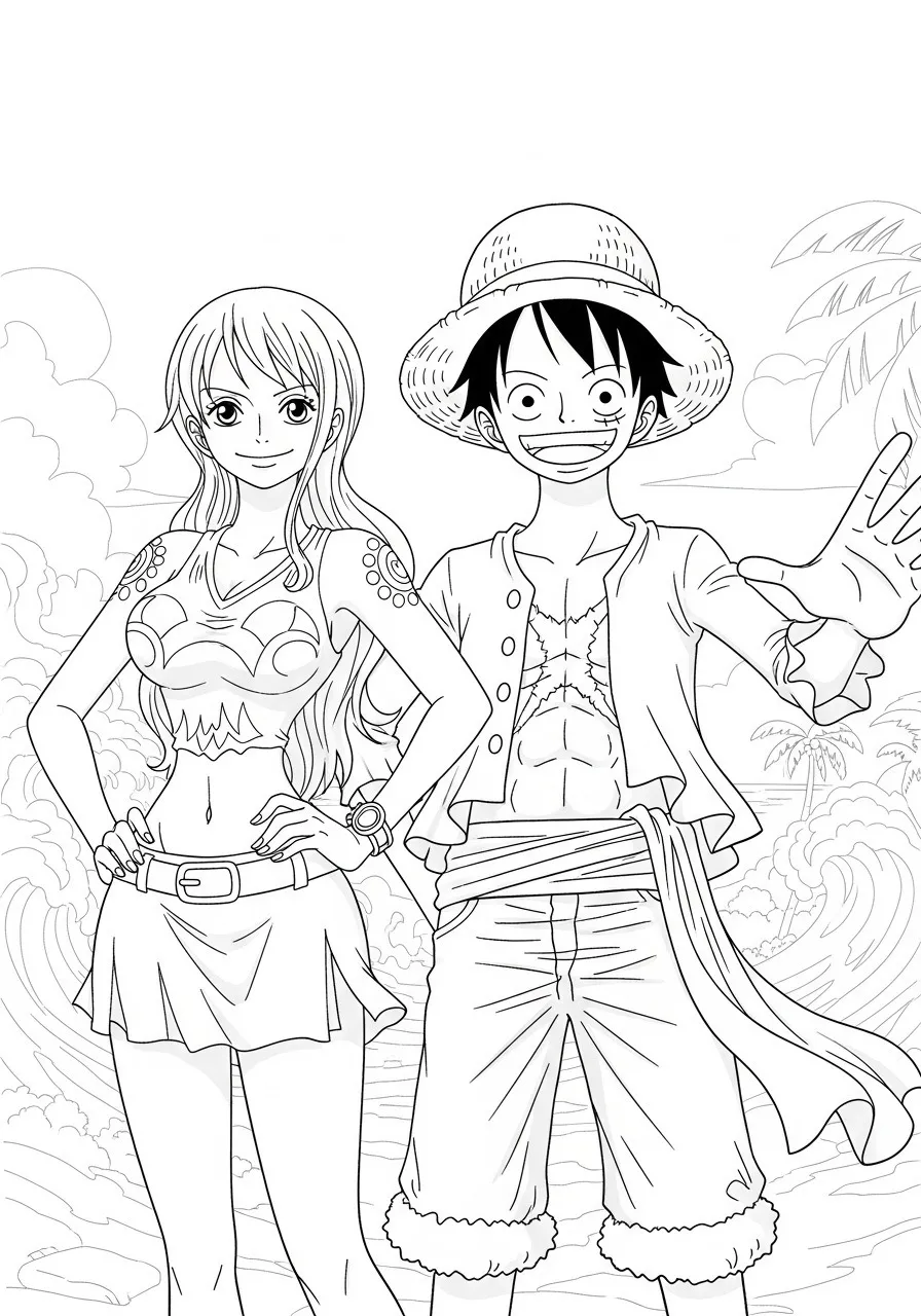 Desenho para colorir de Luffy e Nami na praia de One Piece