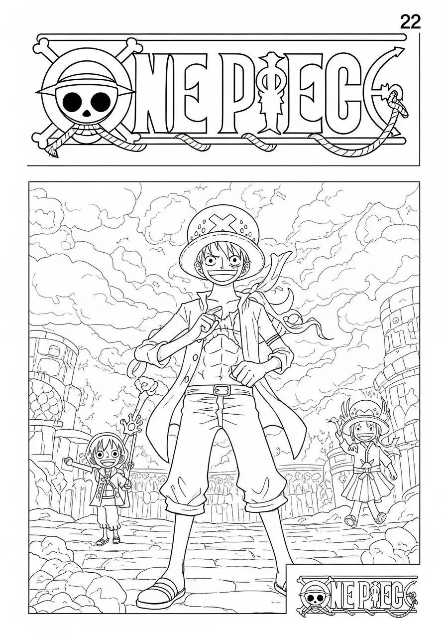 Imagem para colorir de Luffy e membros da tripulação de One Piece