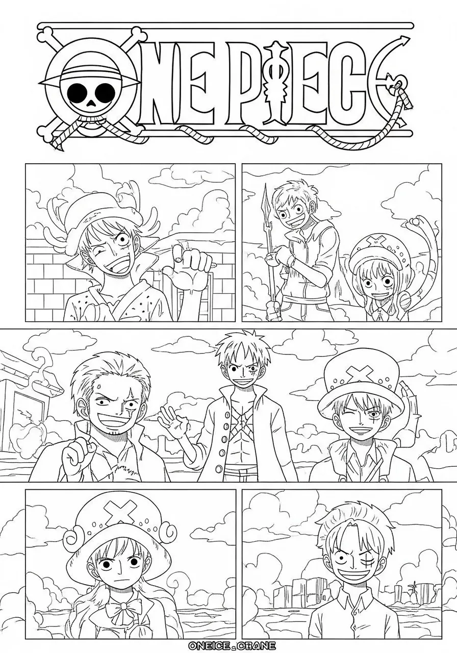 Página para colorir com Luffy e tripulação de One Piece