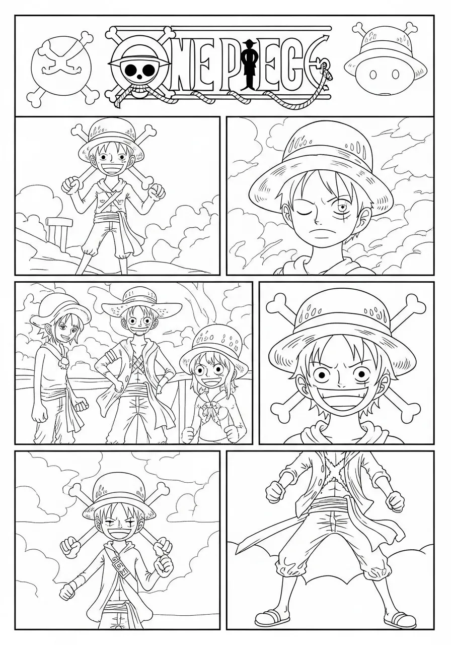 Página para colorir de One Piece com Luffy em várias poses