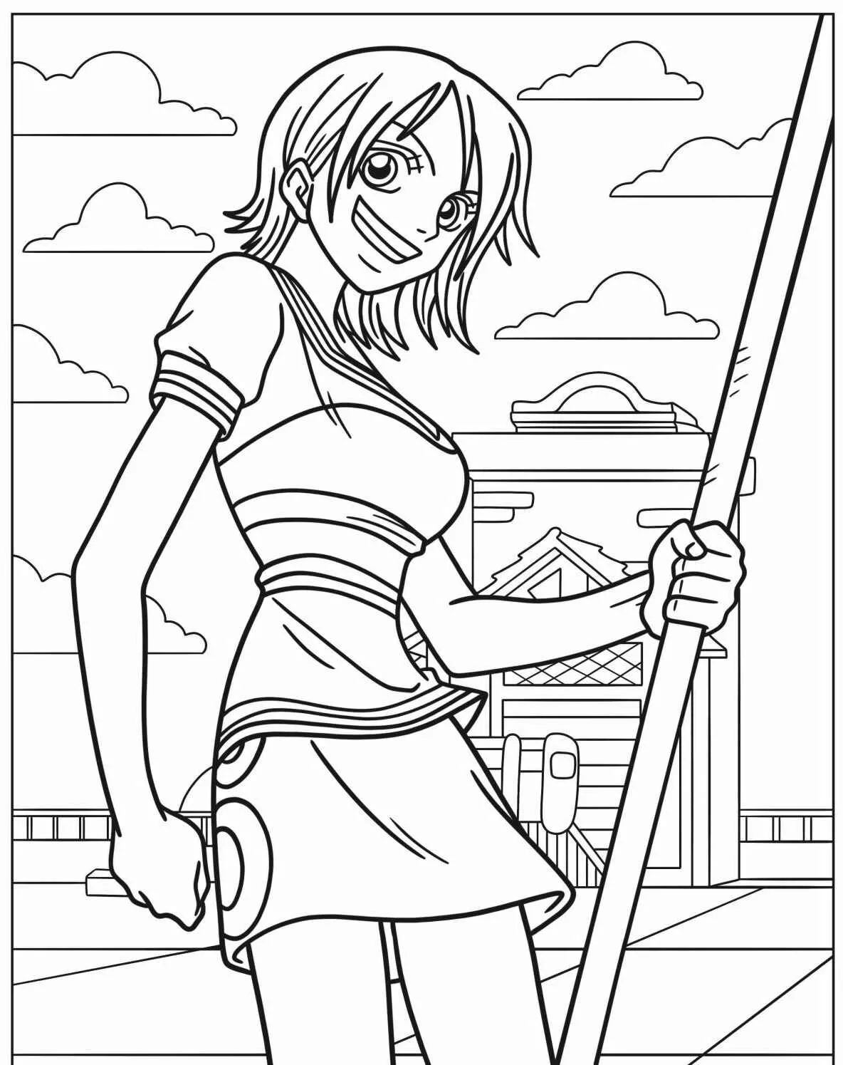 Imagem para colorir de Nami de One Piece segurando o Clima-Tact