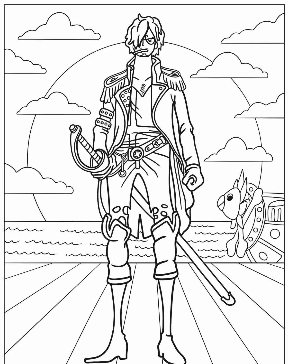 Desenho para colorir de Sanji de One Piece segurando uma espada com um navio ao fundo