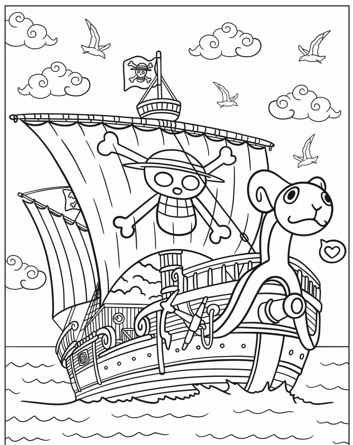 Imagem para colorir do navio Thousand Sunny de One Piece navegando no mar