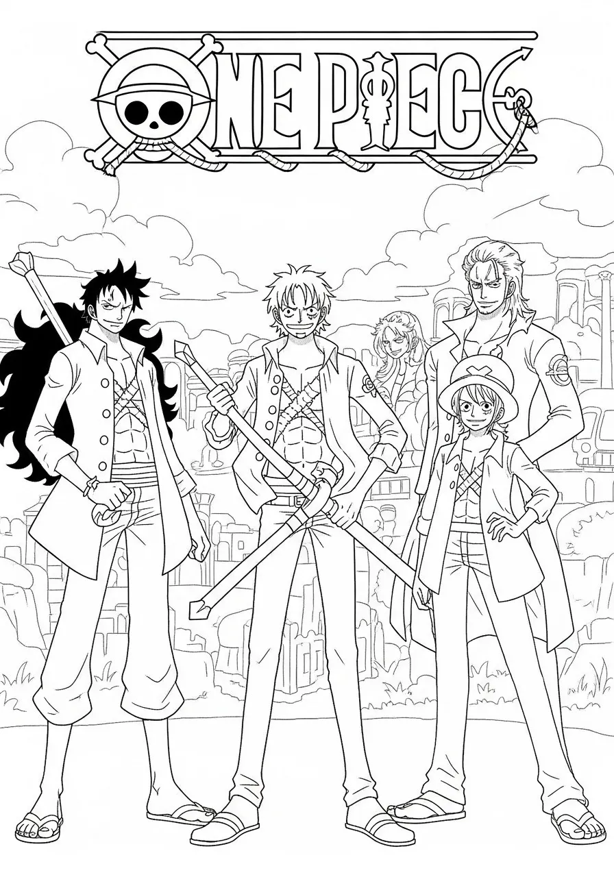 Página para colorir com a tripulação completa de One Piece