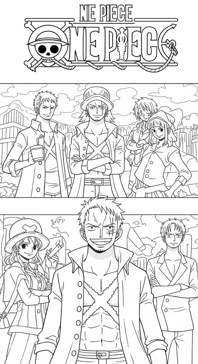 Imagem para colorir da tripulação de One Piece com Luffy, Zoro, Nami e outros personagens