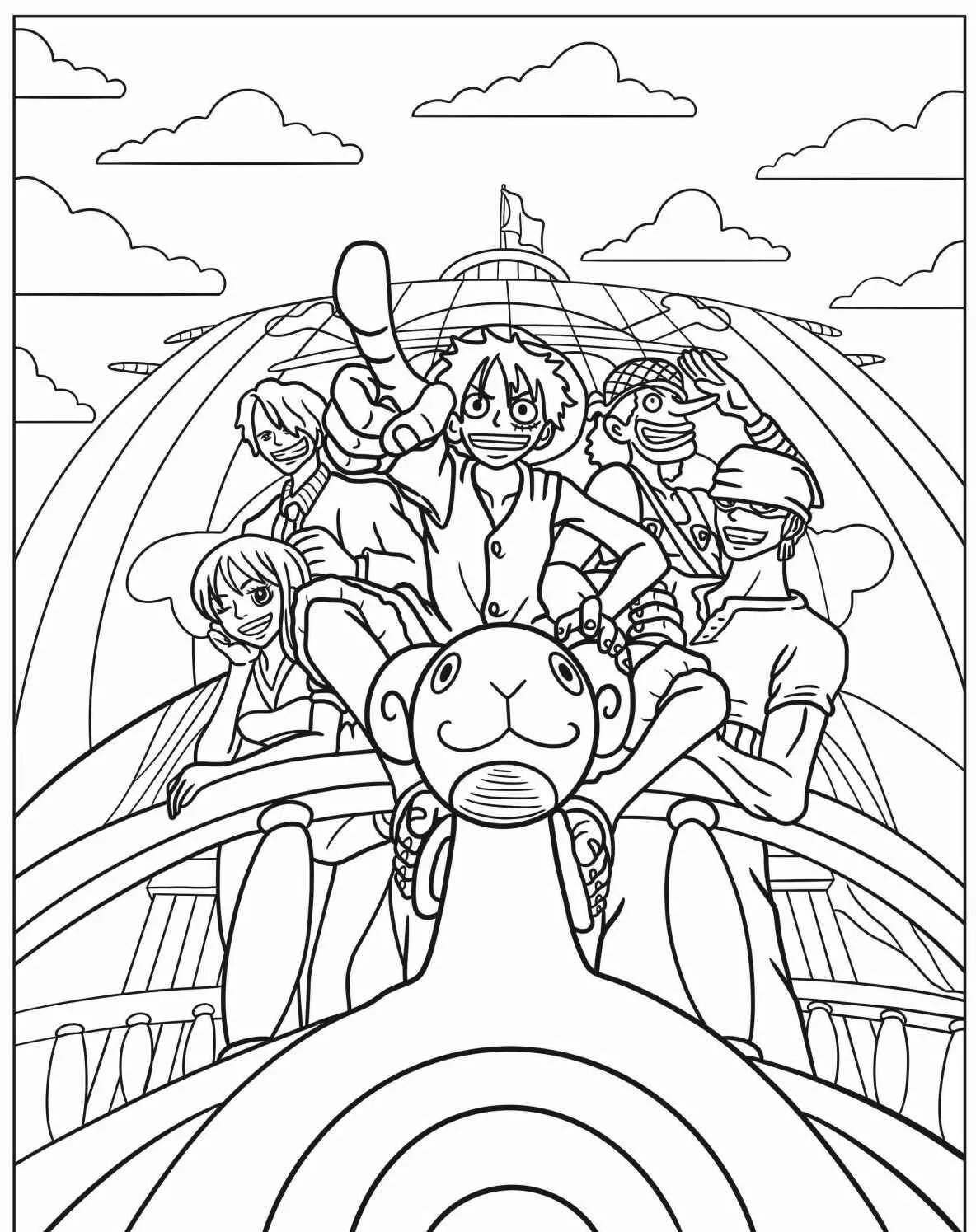 Desenho para colorir da tripulação do Chapéu de Palha no navio Sunny de One Piece.