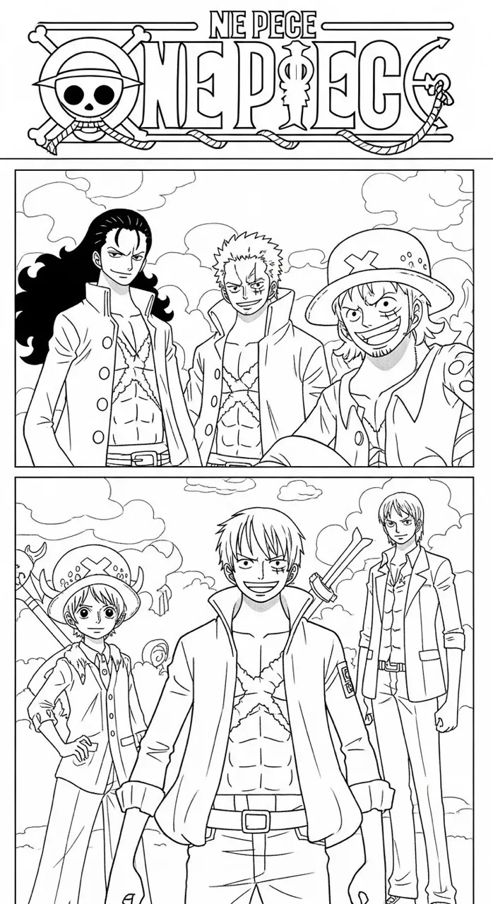 Página para colorir da tripulação do Chapéu de Palha de One Piece