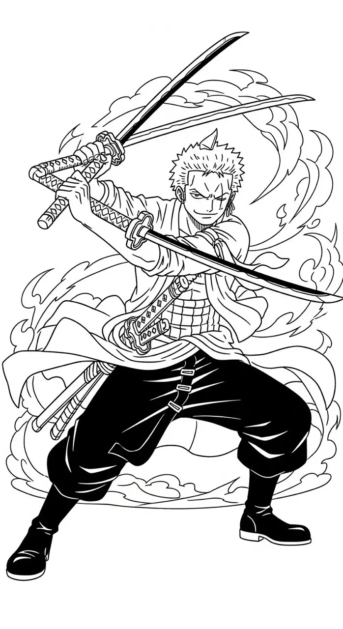Desenho para colorir de Zoro de One Piece com espadas em ação