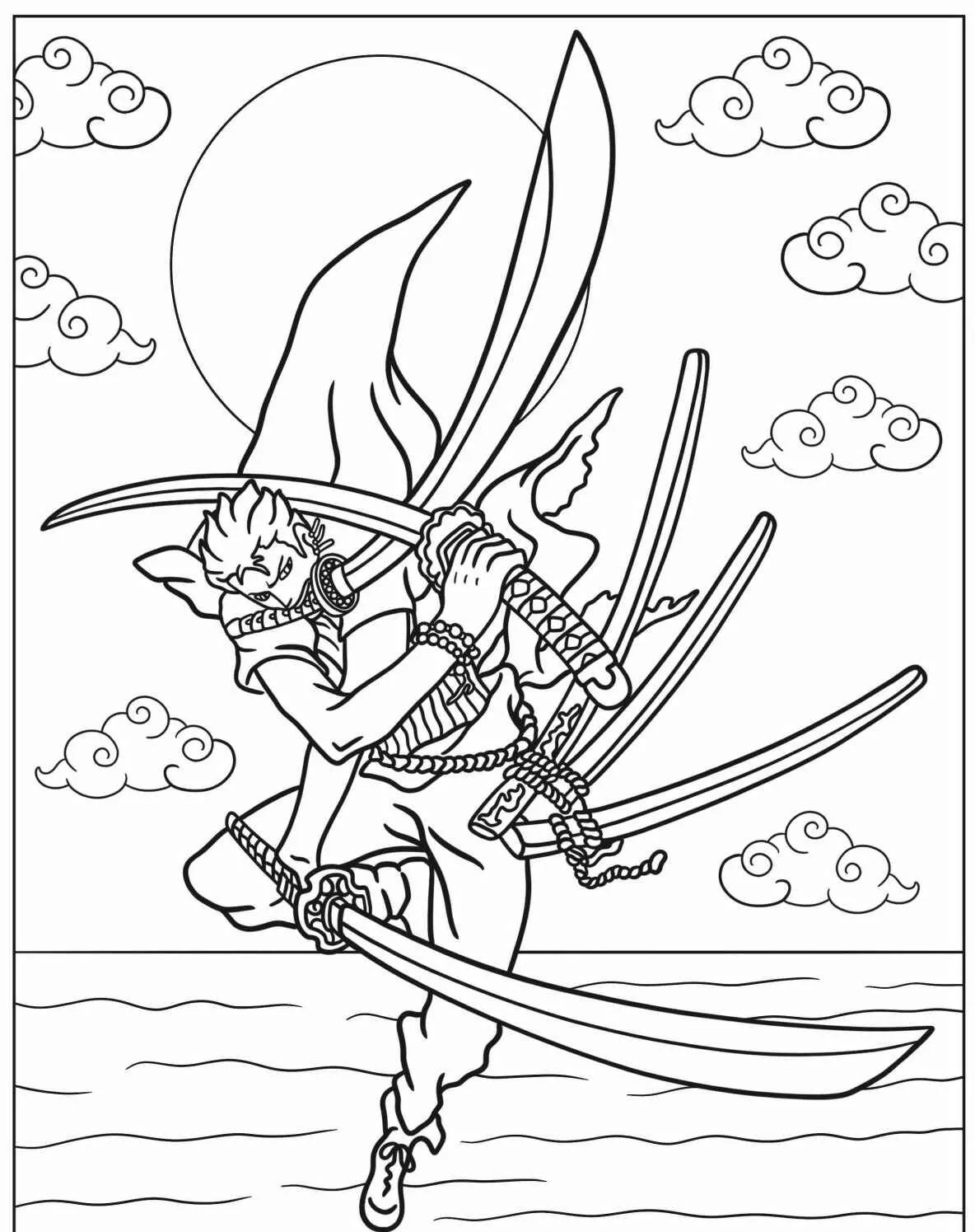 Imagem para colorir de Zoro de One Piece com espadas em ação sob o sol