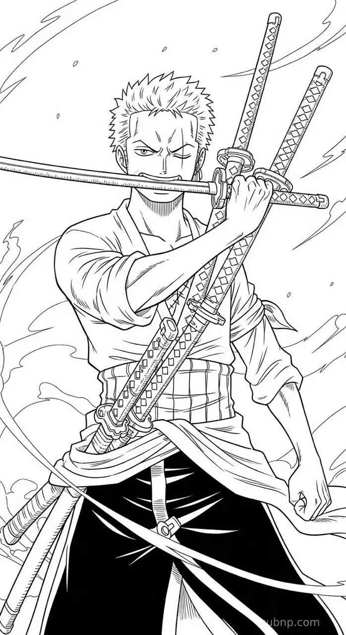 Imagem para colorir de Zoro de One Piece segurando espadas