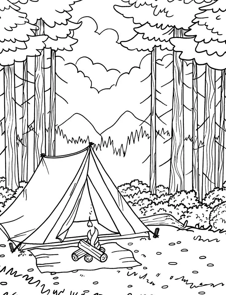Desenho em preto e branco de um acampamento com uma tenda e uma fogueira em uma paisagem de montanhas e árvores