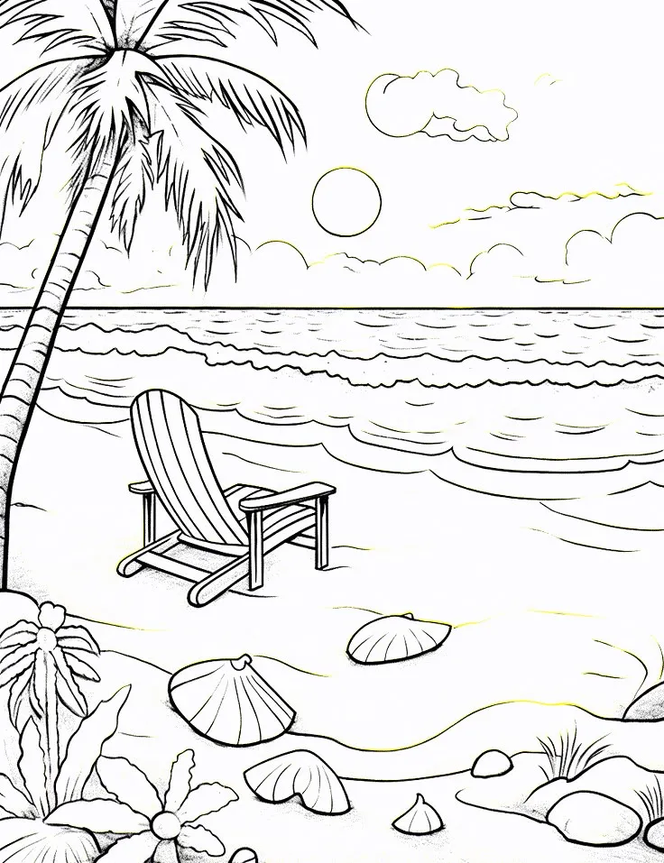 Desenho para colorir de uma cadeira de praia à beira-mar com palmeiras e conchas.