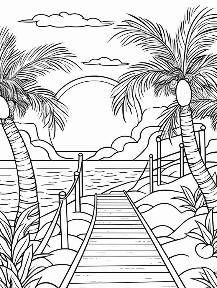 Desenho para colorir de uma paisagem com caminho de madeira, palmeiras e o mar ao fundo