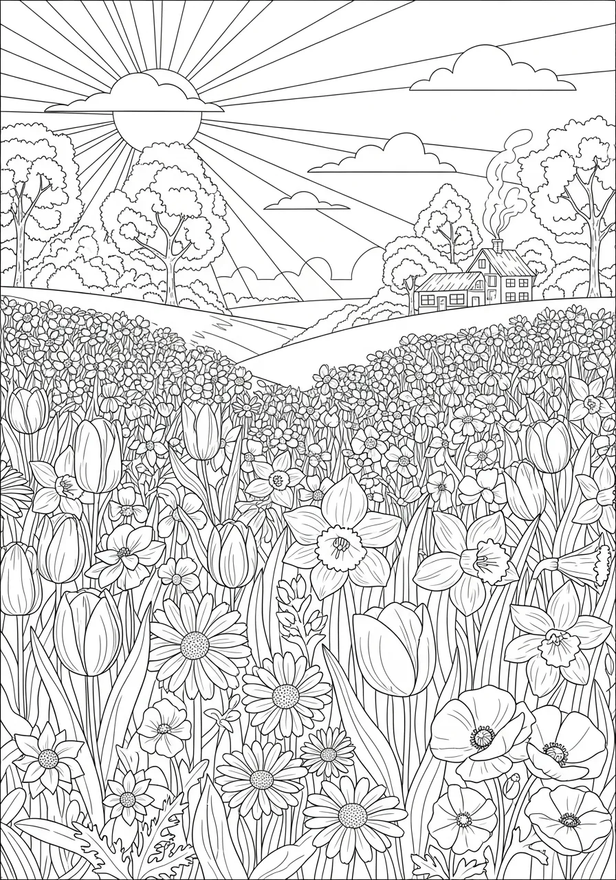 Desenho de uma paisagem com flores coloridas e um sol brilhante