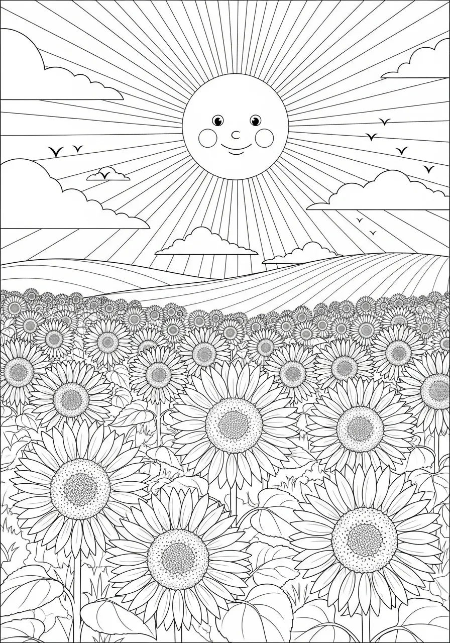 Desenho para colorir de um campo de girassóis com um sol sorridente