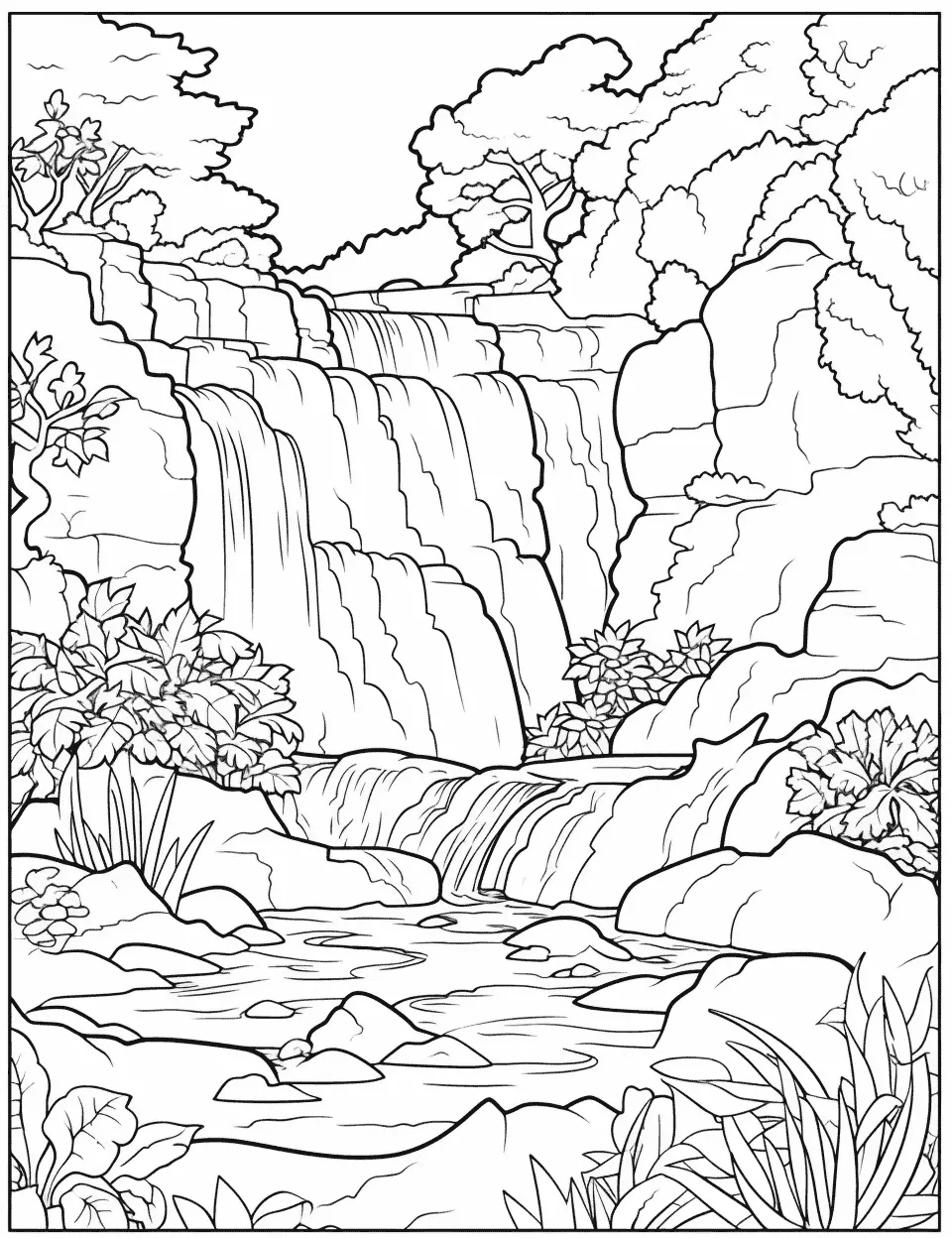 Desenho para colorir de uma cascata rodeada por vegetação
