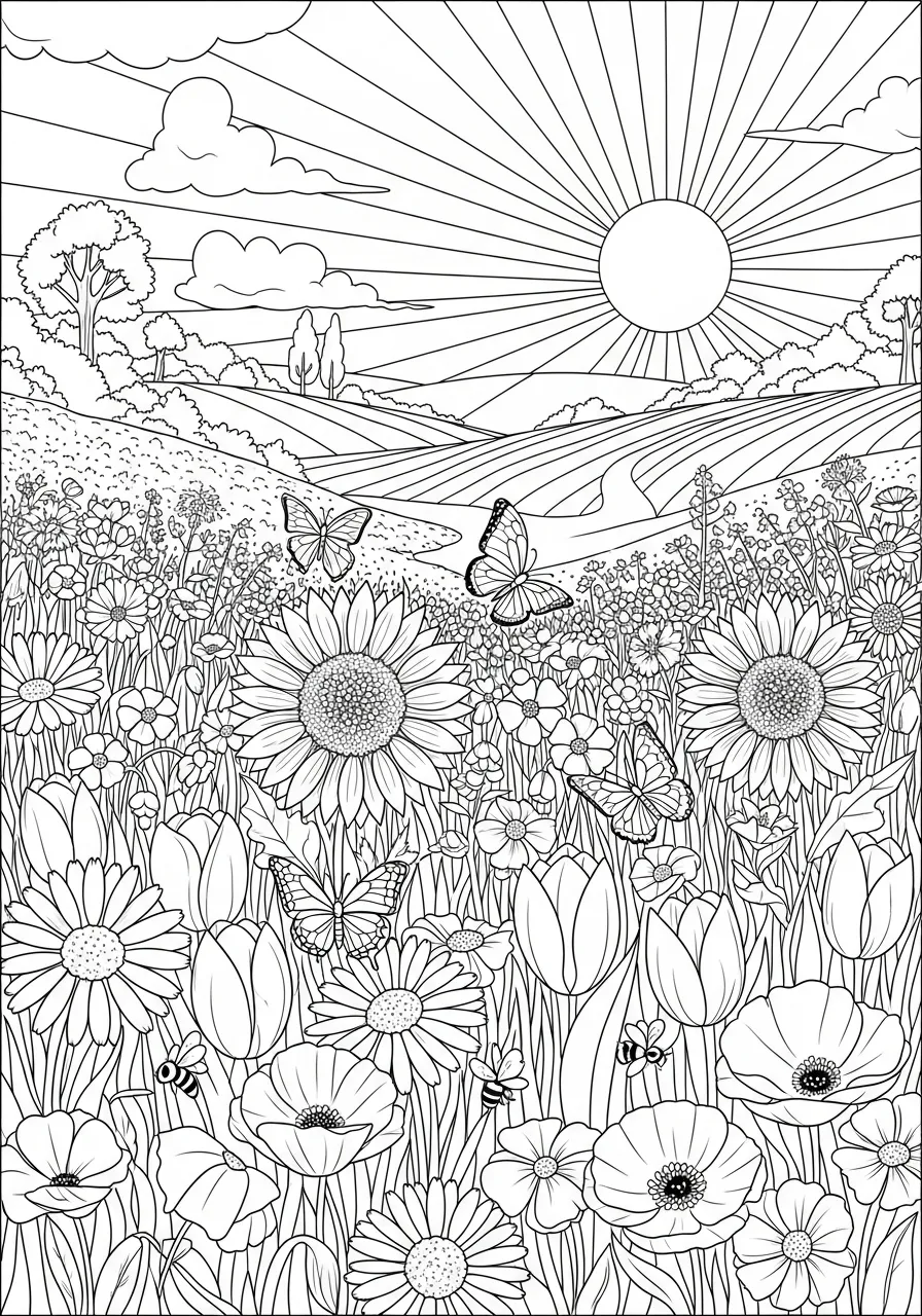 Desenho para colorir de uma paisagem com flores, borboletas e um sol radiante