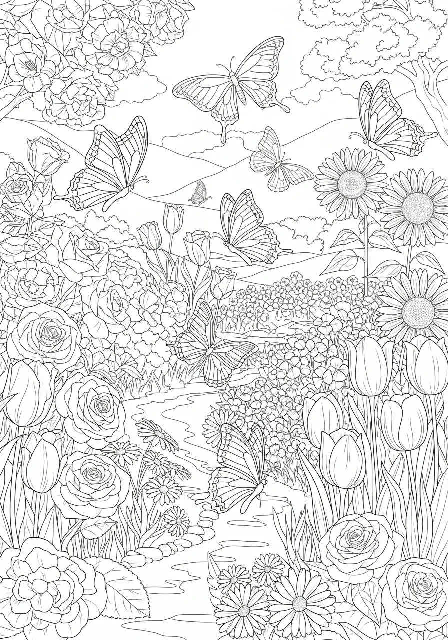 Desenho para colorir de uma paisagem repleta de flores e borboletas