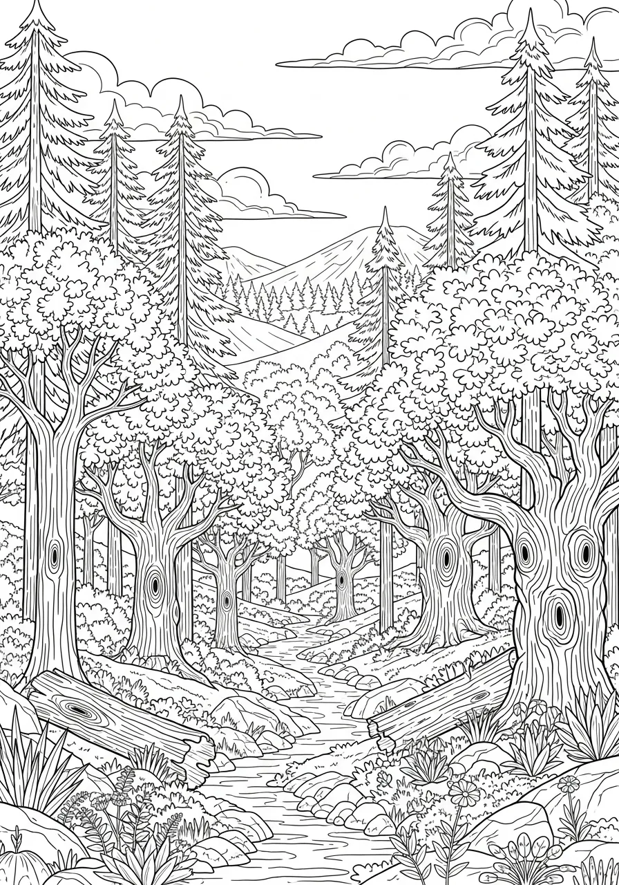 Desenho em preto e branco de uma floresta com árvores e um riacho