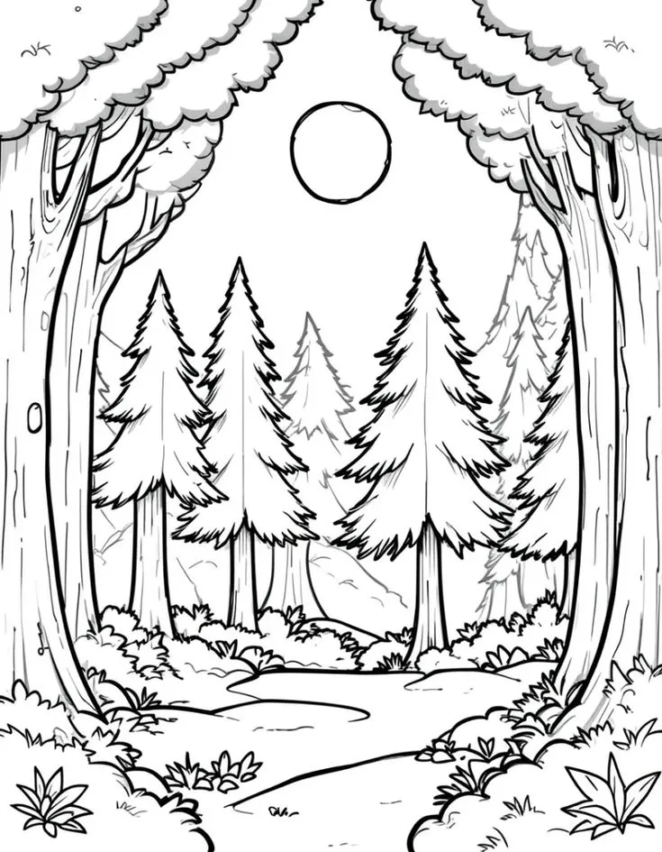 Desenho em preto e branco de uma floresta com árvores e sol