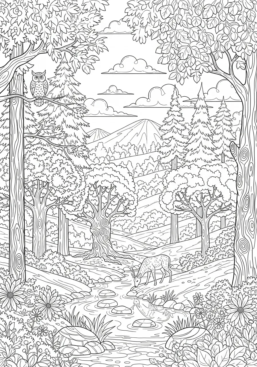 Desenho de uma paisagem com árvores, um rio e um cervo em um ambiente natural