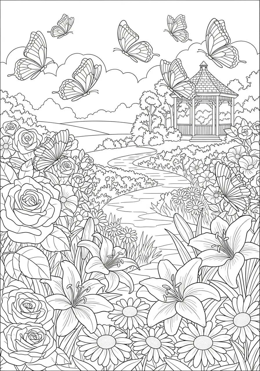 Desenho para colorir de uma paisagem com gazebo, flores e borboletas