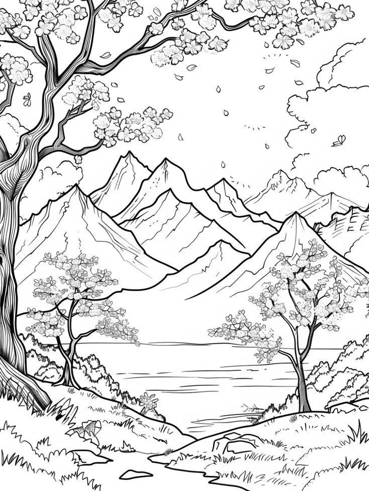 Desenho em preto e branco de uma paisagem com montanhas e um lago, ideal para colorir.