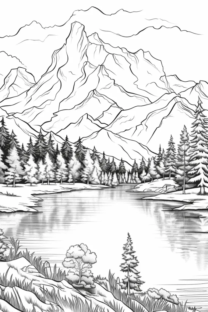 Desenho de uma paisagem com montanhas e um lago, ideal para colorir.