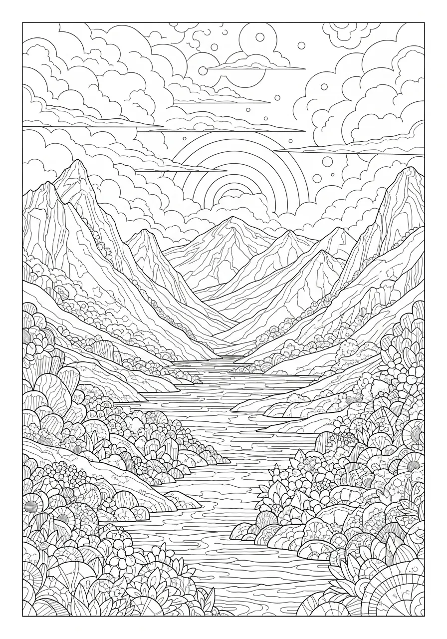 Desenho de uma paisagem montanhosa com um rio e vegetação para colorir