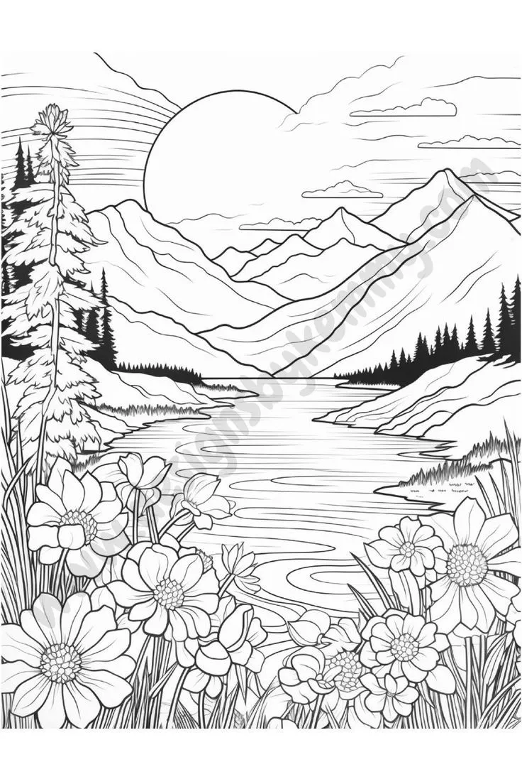 Desenho de uma paisagem com montanhas, um lago e flores, ideal para colorir.