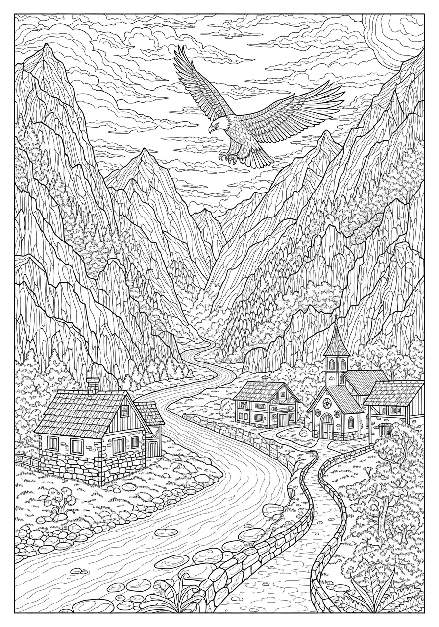 Desenho de uma paisagem com montanhas, um rio e uma águia voando