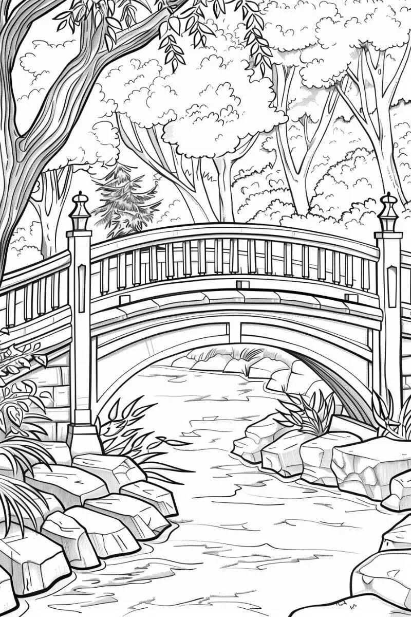 Desenho de uma ponte sobre um rio cercada por árvores, ideal para colorir.