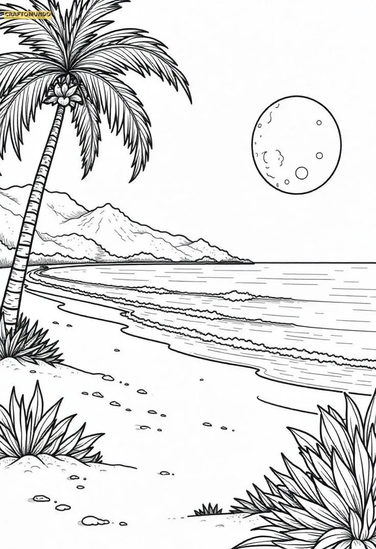 Desenho para colorir de uma praia com palmeiras e uma lua cheia