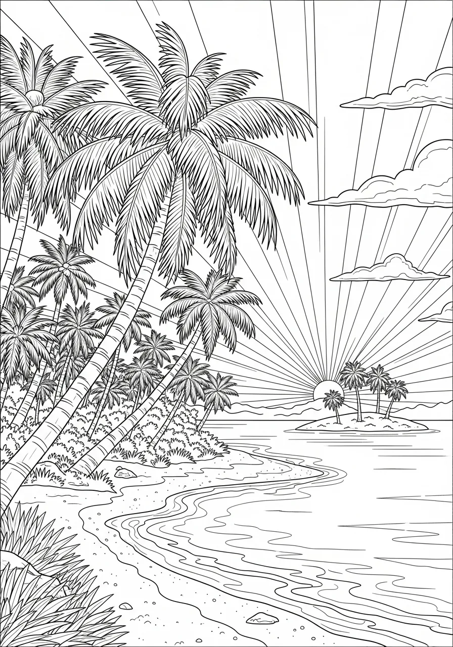 Desenho para colorir de uma praia com palmeiras e um pôr do sol ao fundo