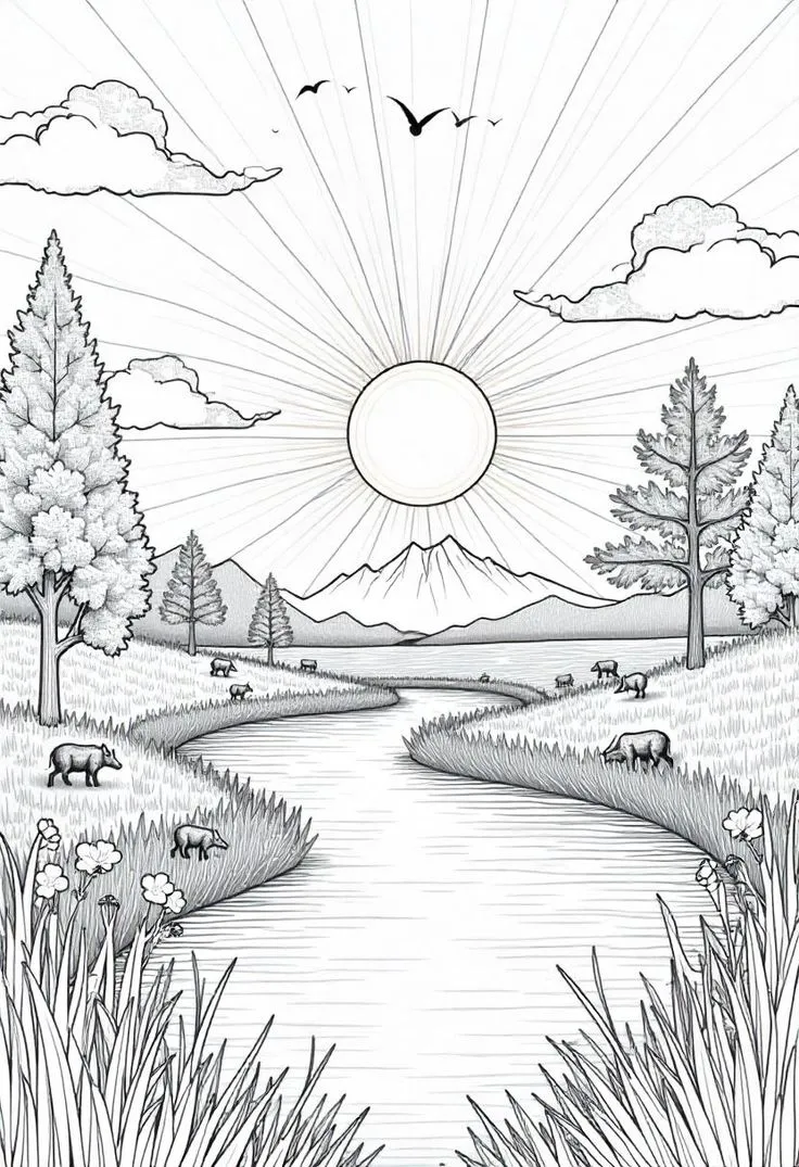 Desenho de uma paisagem com um rio, montanhas ao fundo e um sol brilhante