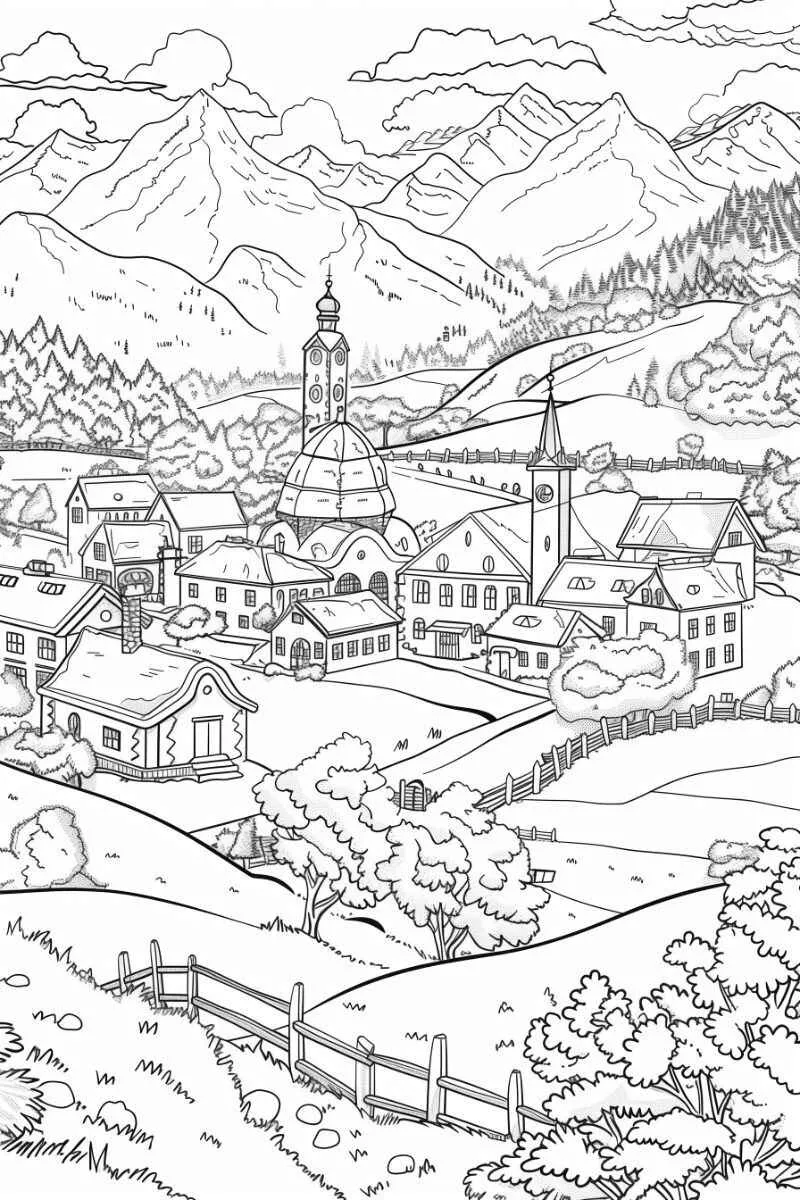 Desenho de uma vila cercada por montanhas, ideal para colorir.