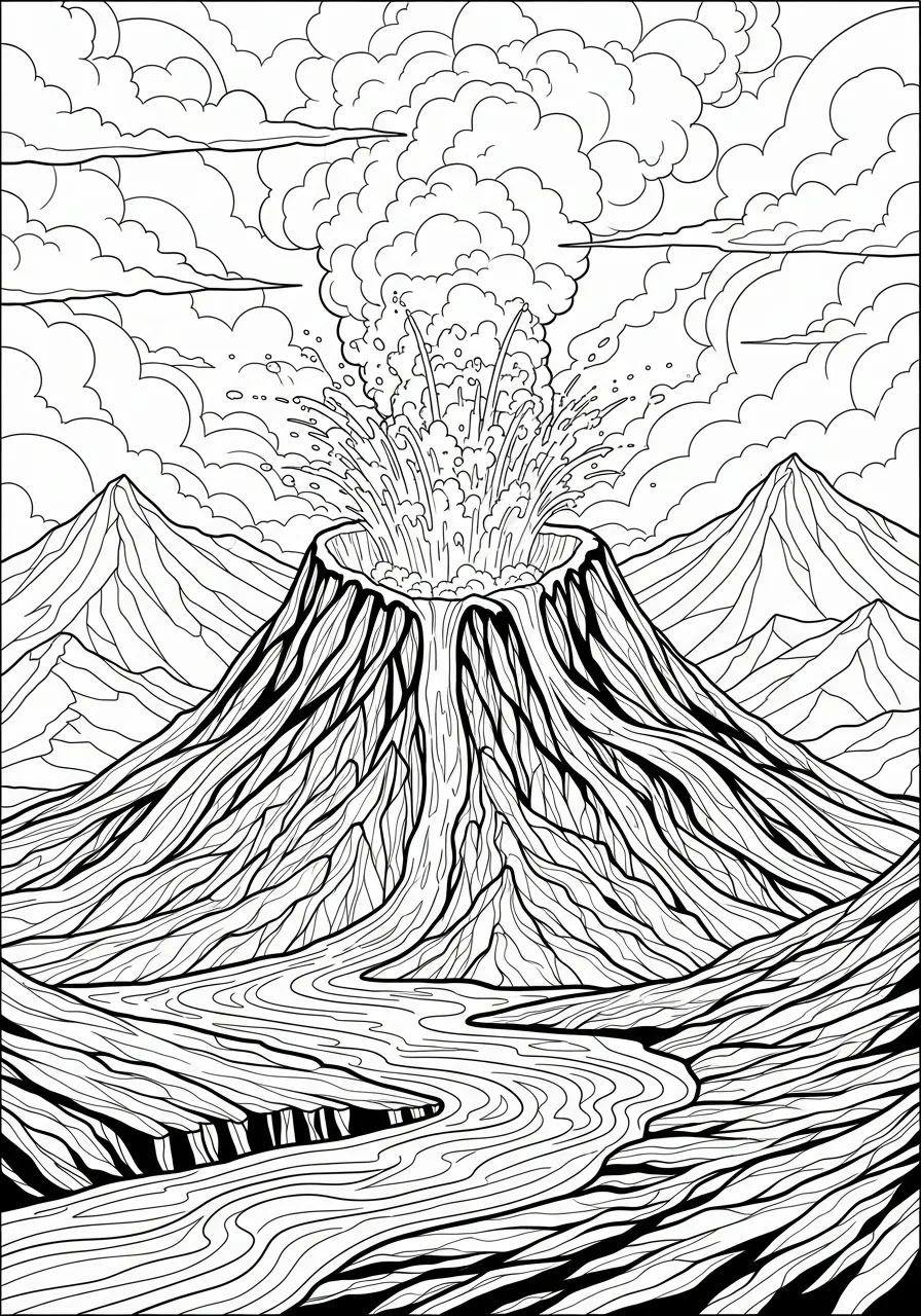 Desenho de um vulcão em erupção com montanhas ao fundo para colorir