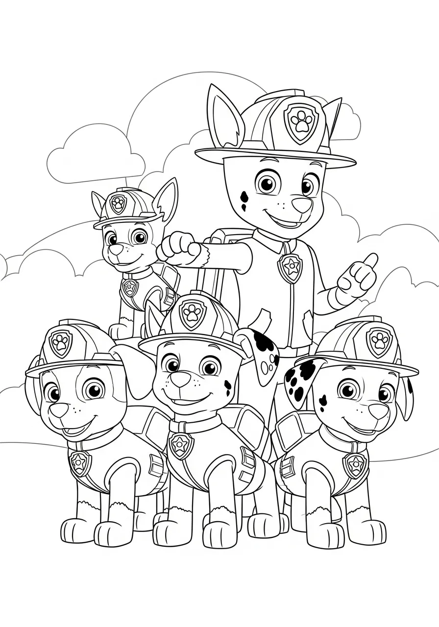Imagem para colorir da Patrulha Canina vestidos como bombeiros