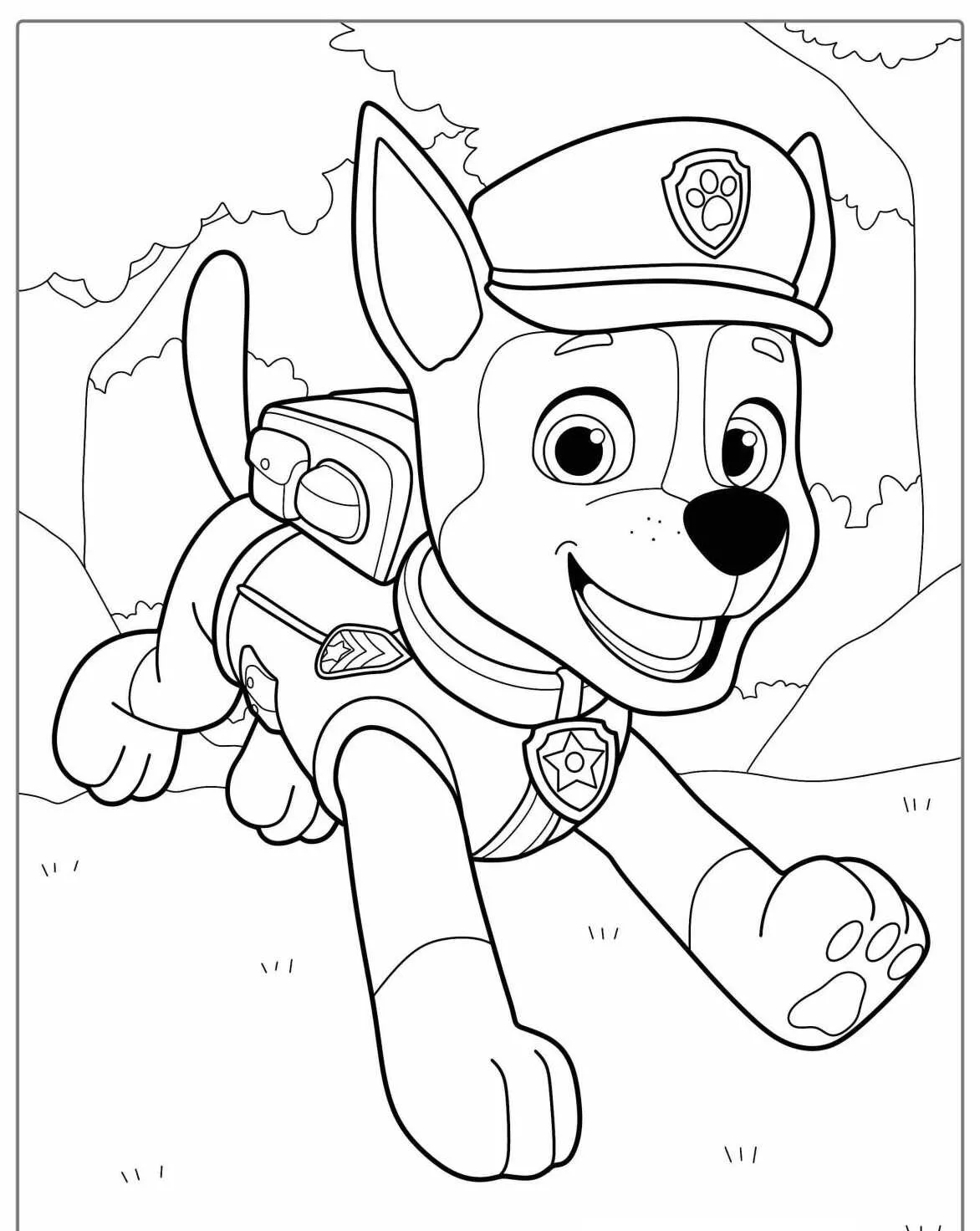 Imagem para colorir do personagem Chase da Patrulha Canina em ação