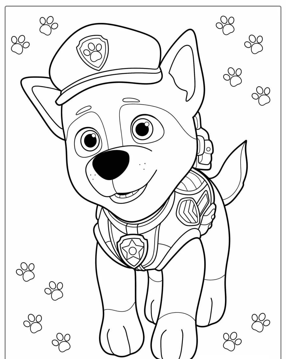 Desenho de Chase da Patrulha Canina para colorir, com patas ao fundo
