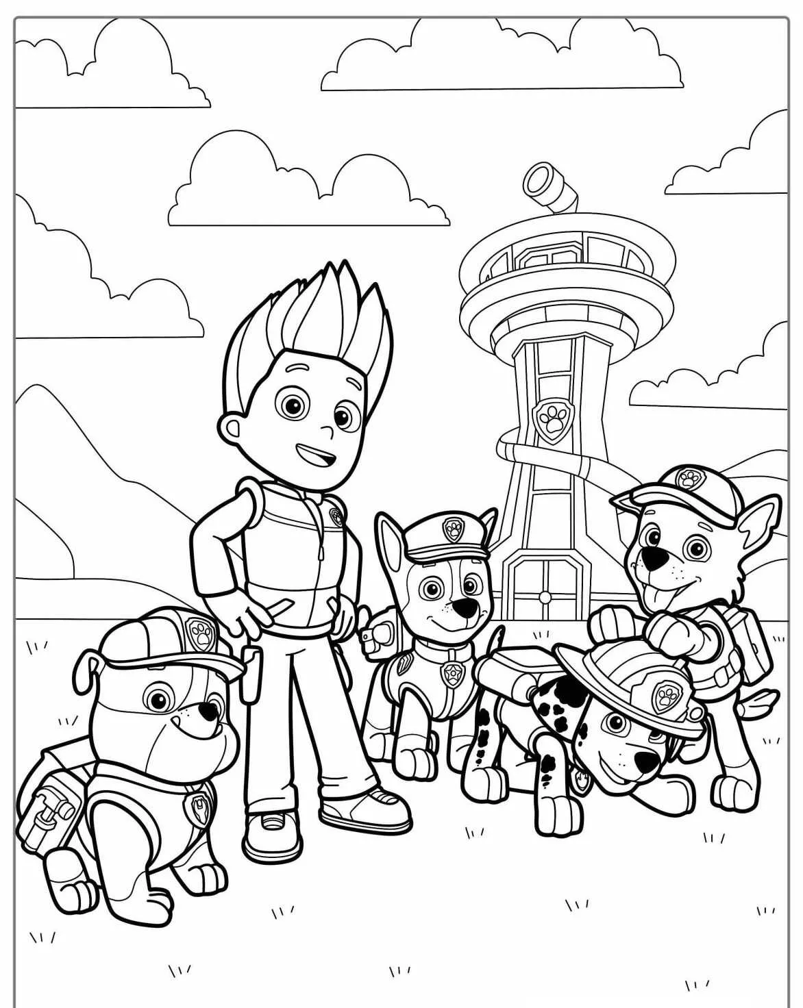 Imagem para colorir da Patrulha Canina com Ryder e os cachorros em frente à torre de controle