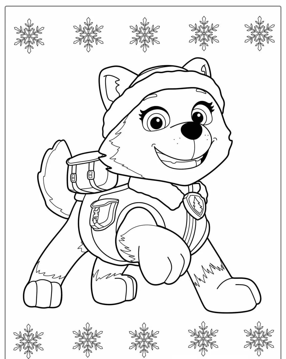 Desenho para colorir da personagem Everest da Patrulha Canina com tema de inverno