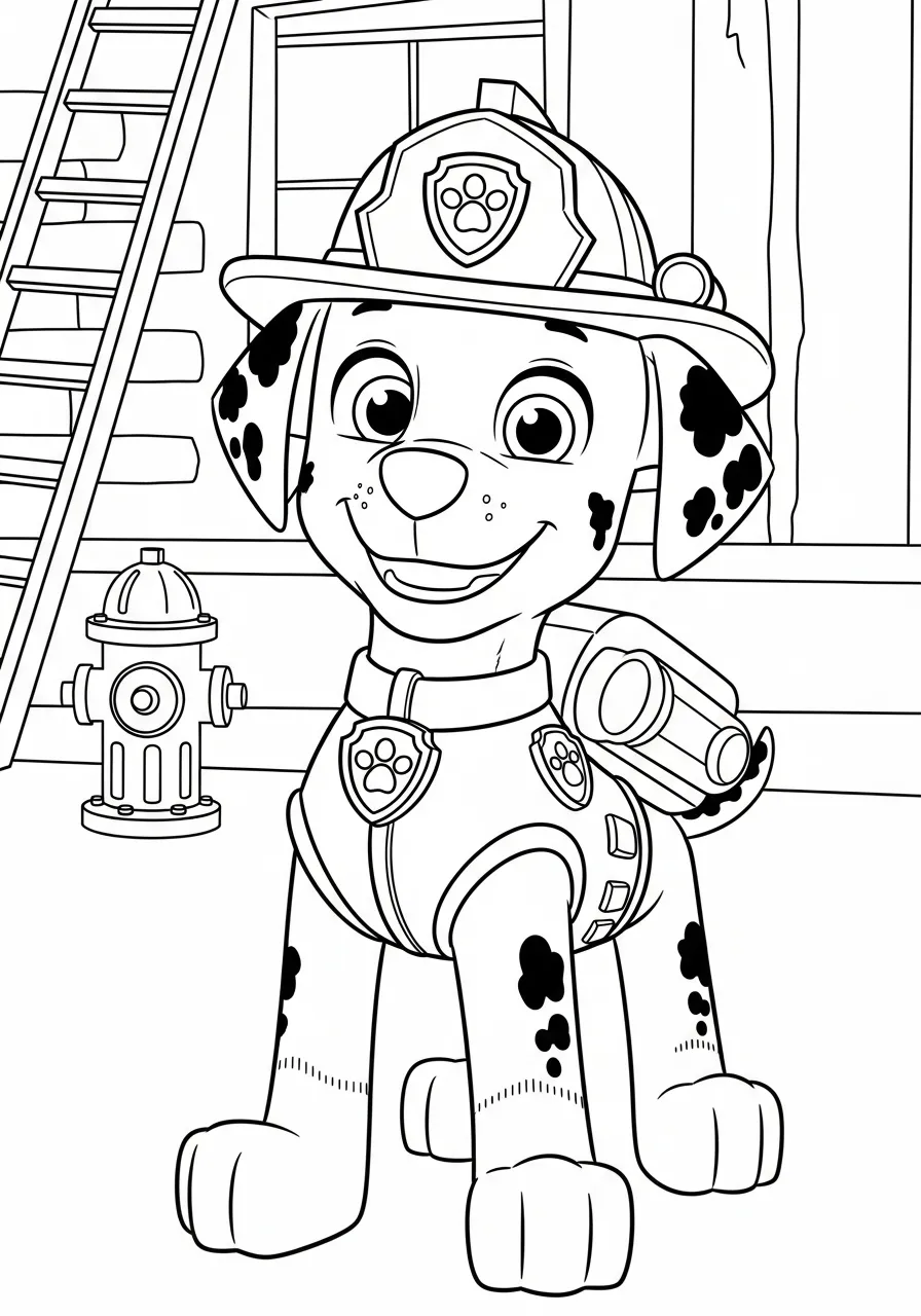 Imagem para colorir do Marshall da Patrulha Canina vestido de bombeiro