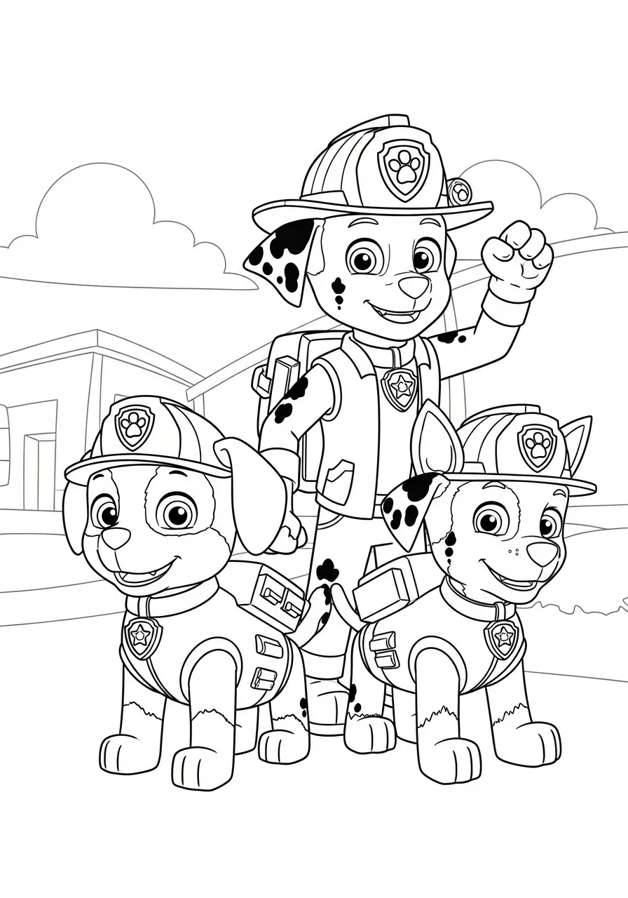 Imagem para colorir de Marshall da Patrulha Canina com dois filhotes