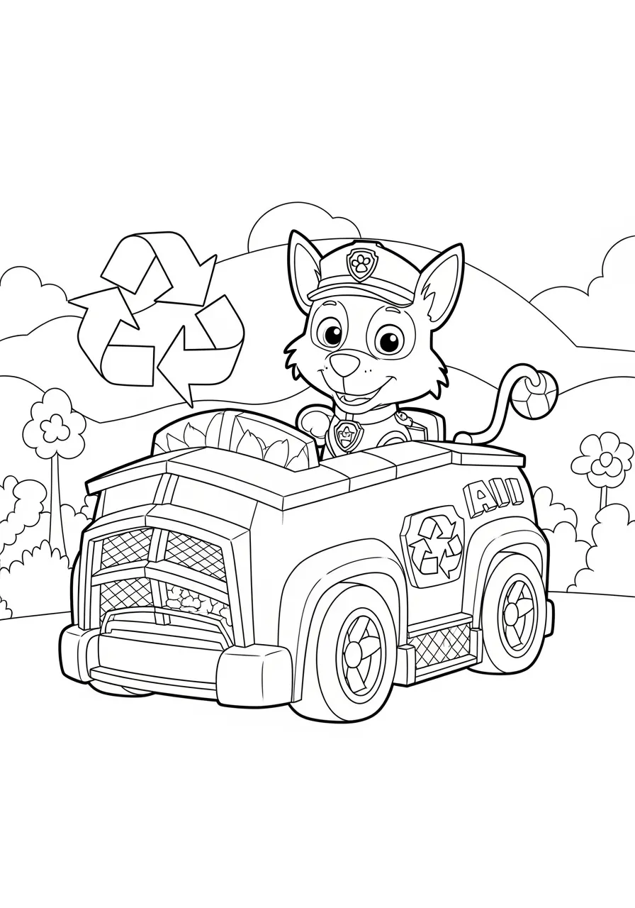 Imagem para colorir do personagem Rocky da Patrulha Canina em seu caminhão de reciclagem