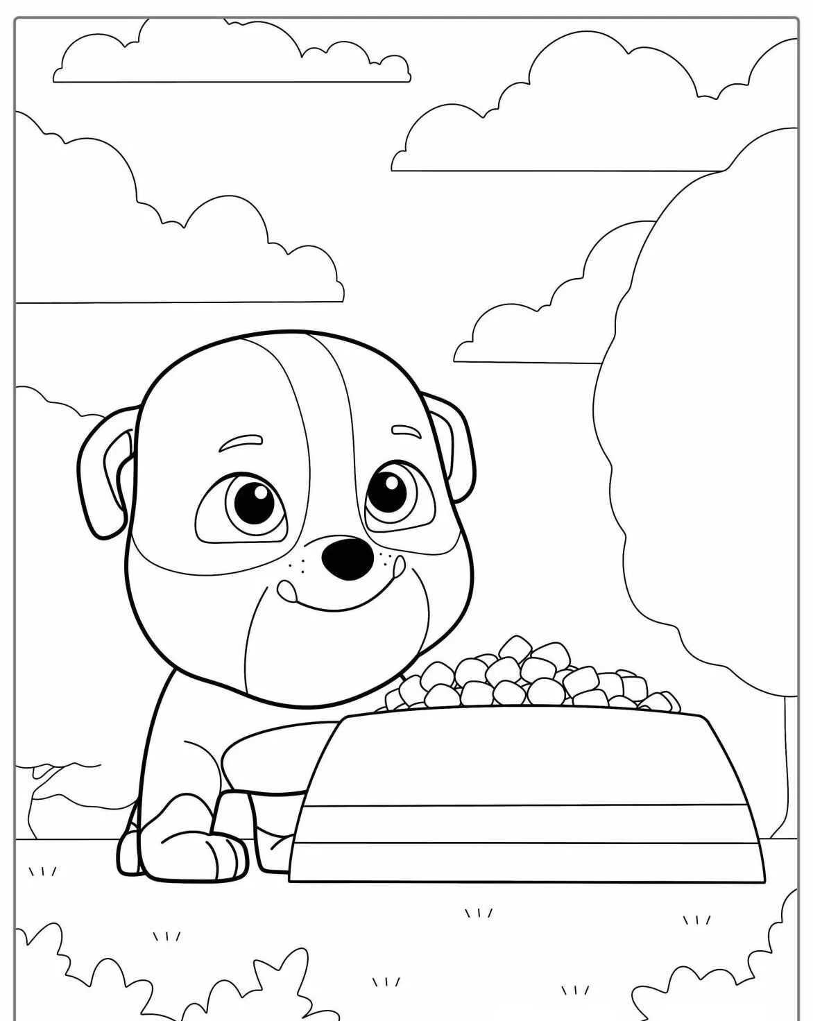 Imagem de Rubble da Patrulha Canina com uma tigela de comida para colorir