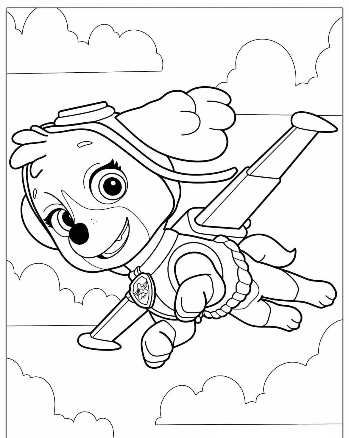 Imagem para colorir de Skye da Patrulha Canina voando entre as nuvens