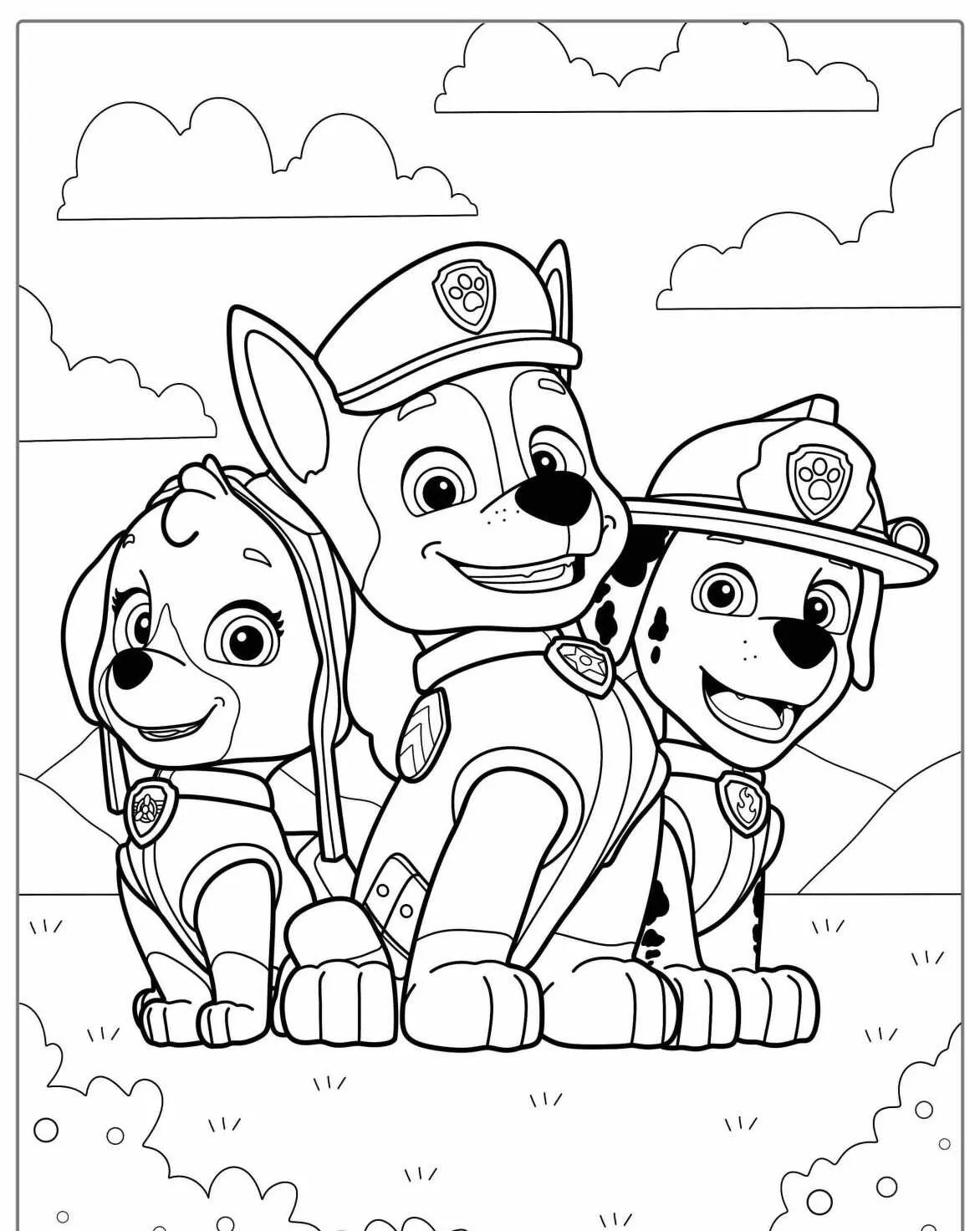 Desenho para colorir dos personagens Skye, Chase e Marshall da Patrulha Canina