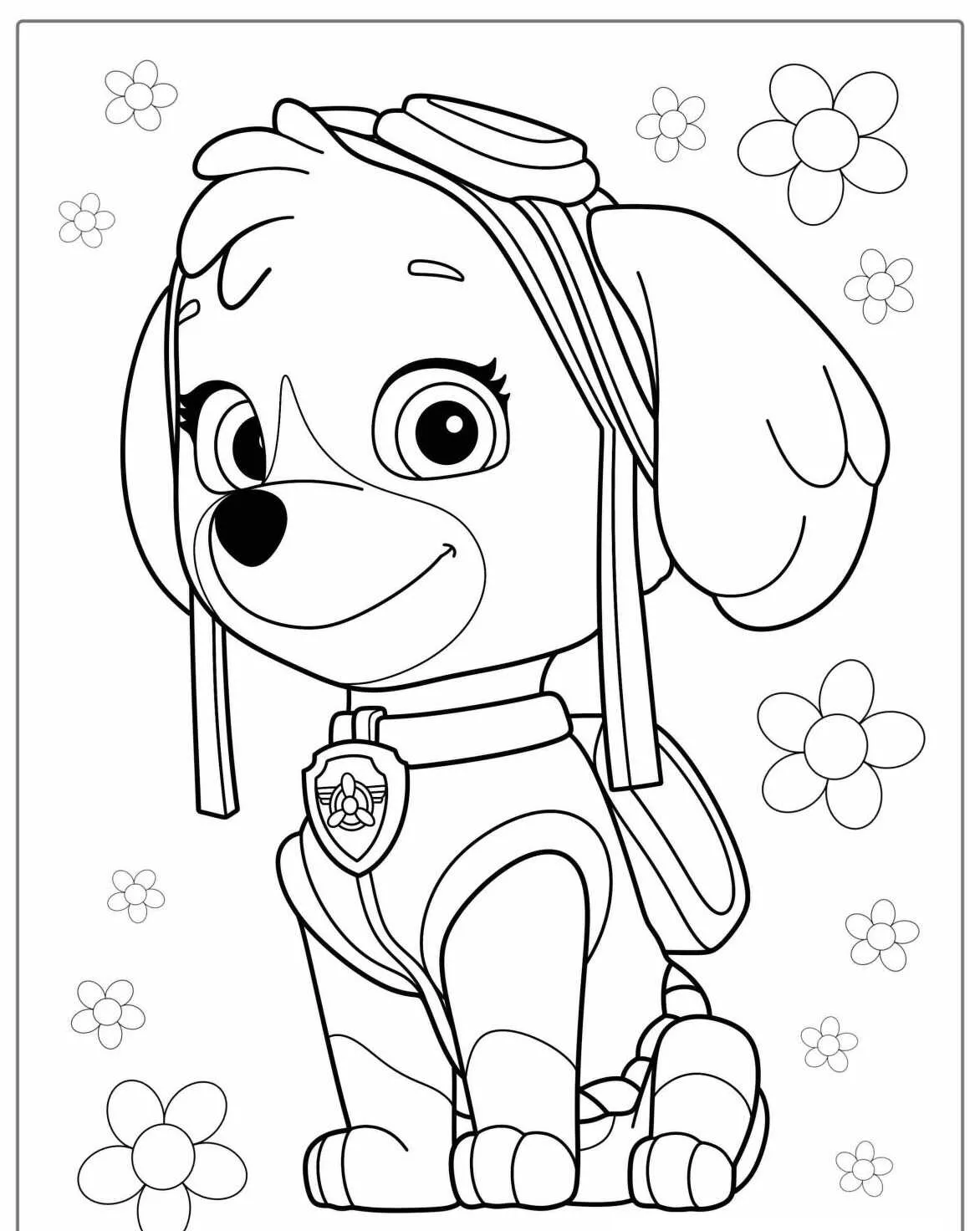 Imagem para colorir da personagem Skye da Patrulha Canina rodeada de flores