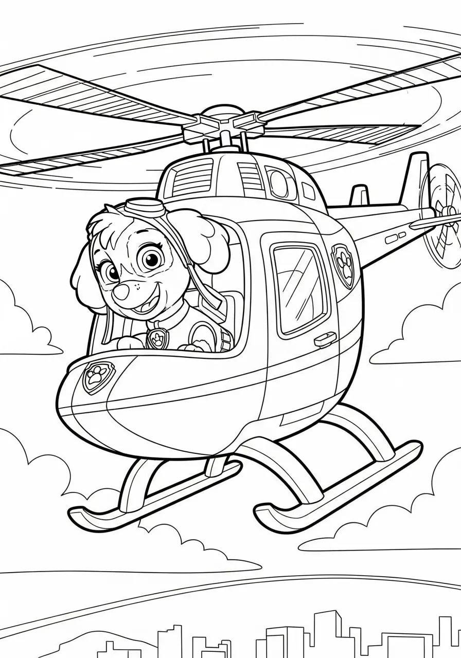Imagem para colorir de Skye da Patrulha Canina voando em um helicóptero